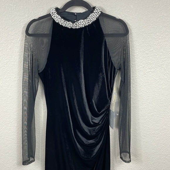New Eliza J Embellished Ruched Sheer Long Sleeve Velvet Gown Pearl Neck Sz 8 - Picture 5 of 14